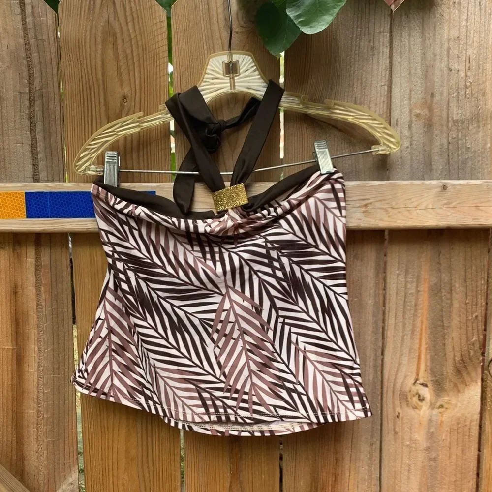Brown and Pink Leaf Print swim top